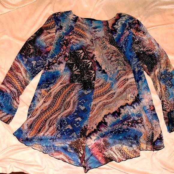 LINEA DOMANI BLUE PRINTED TOP SHEER FRONT LAYER W/BLACK UNDER LINING - Picture 4 of 10